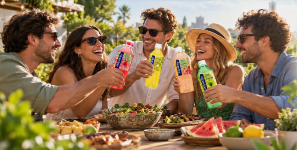 Amigos compartiendo una comida al aire libre con botellas de Aloevine